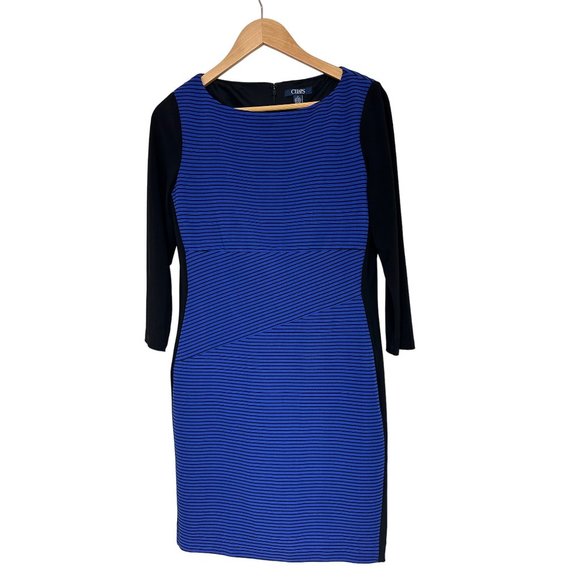 Size 12 CHAPS BLUE/BLACK STRIPED KNIT COLORBLOCK SHEATH DRESS Classy Fall Winter - Picture 7 of 7